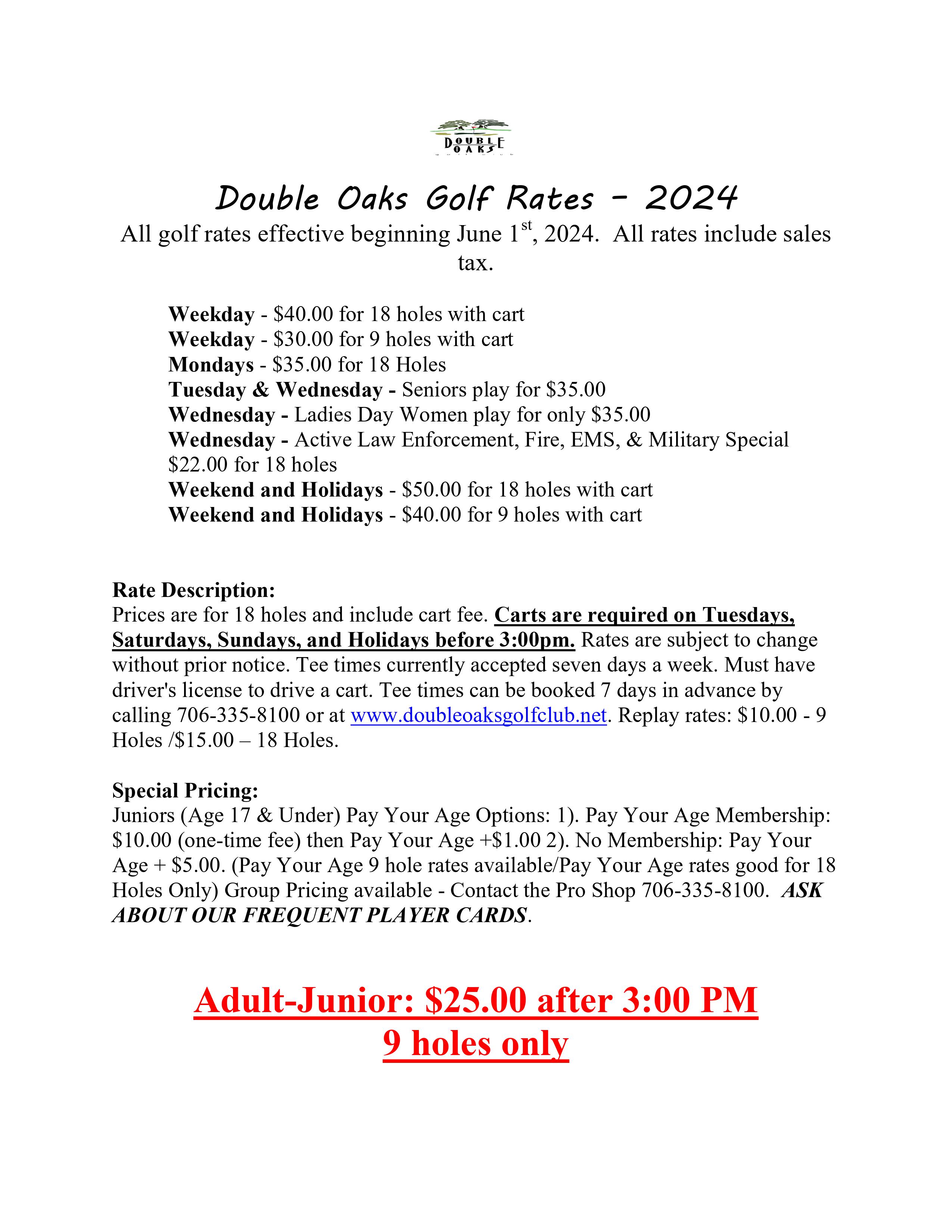 2023 Double Oaks Golf Club Rates